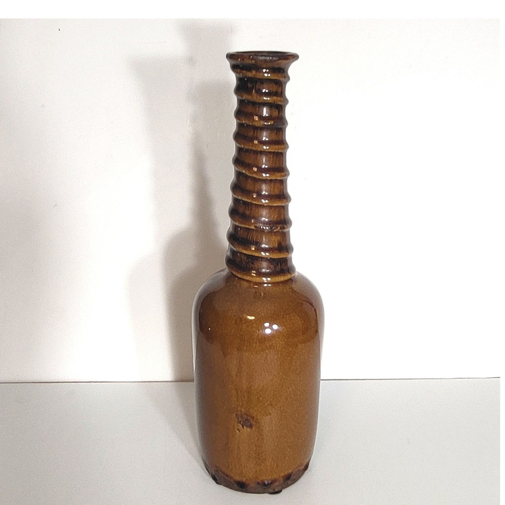 Vintage Ribbed Neck Ceramic Bud Vase Amber Brown Crackle Glaze 13.5 Inch